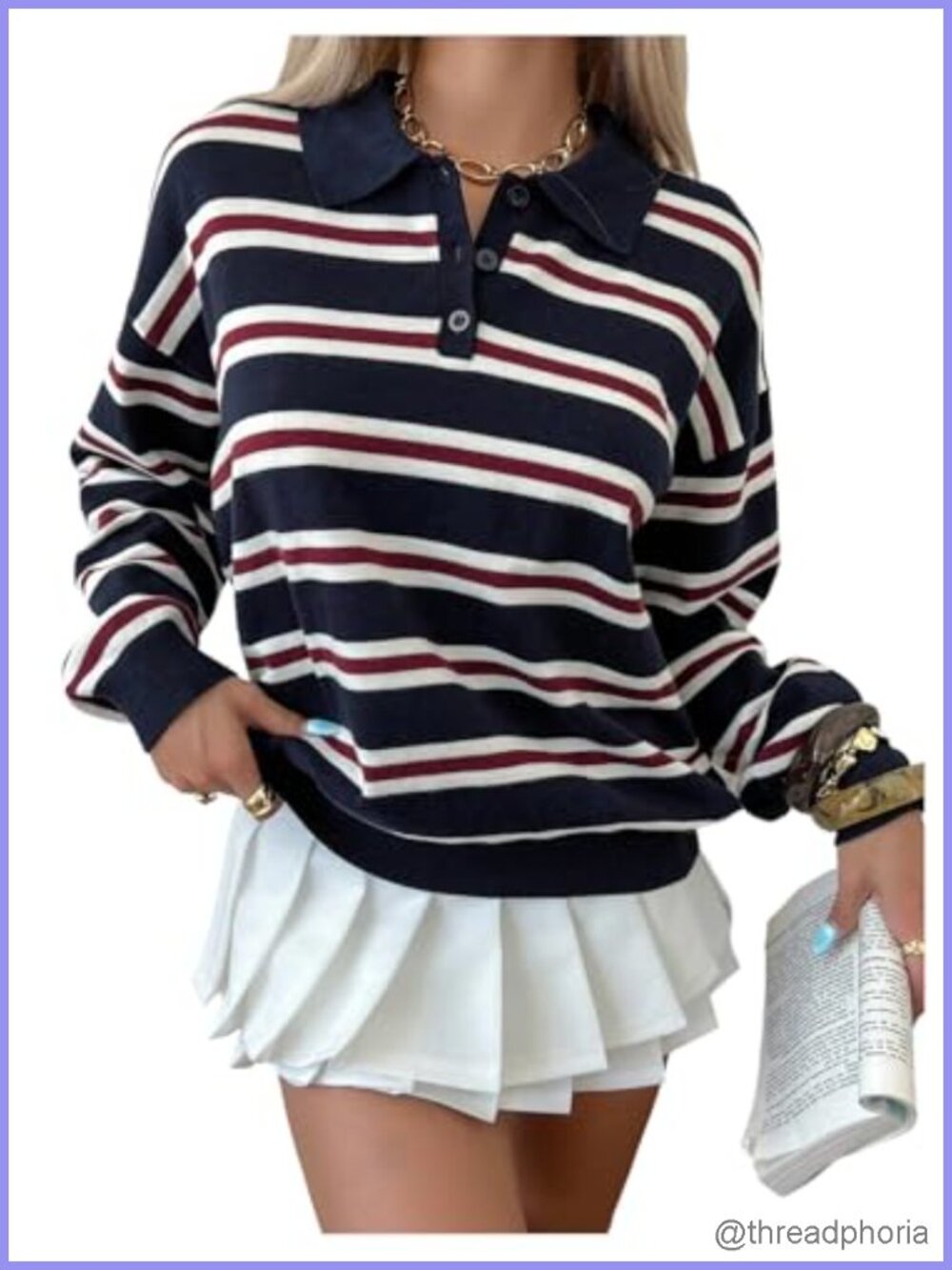 Preppy Rugby Striped Collared Knit Pullover Sweater Women Long Sleeve Loose Fit